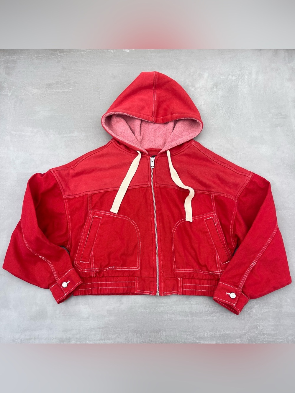 Urban Outfitters BDG Millie Colorblock Denim Bomber Jacket Red Denim